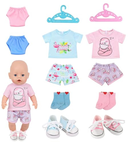 4 Stück Puppenkleidung + 12 Stück Babyborn Zubehör 43 cm, Puppen Kleidung 43 cm Set (14–18 Zoll), Bestehend Aus 2 Kurzarmtops und 2 Shorts mit Flamingo- und Faultiermotiven, Geschenk für Kinder