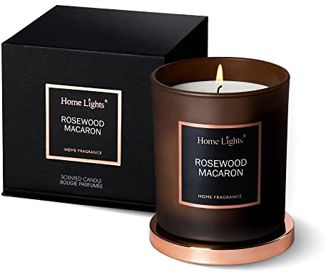 Home Lights Vela perfumada en tarro de diseño de lujo, tapa de acero de oro rosa y vidrio de color sedoso, cera de soja 100% natural, 203,83 g, altamente perfumada y de larga duración, macaron de