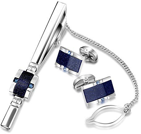 BagTu Sternenhimmel Manschettenknöpfe und Krawattenklammer Set mit Geschenkbox und Grußkarte, Galaxy Dunkelblau Manschettenknöpfe und Krawattenklammer Geschenkset für Männer (Krawattennadel)