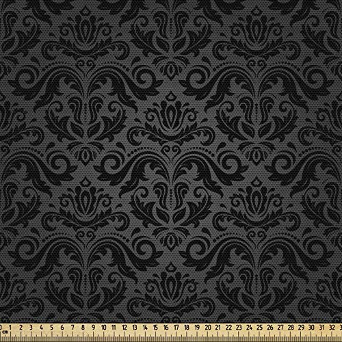 ABAKUHAUS Dunkelgrau Gewebe als Meterware, Schwarzer Damast mit Blumen, Dicht Gewebter Stoff zum Nähen Polster Wohnaccessoires, 3M (148x300cm),Schwarz Grau