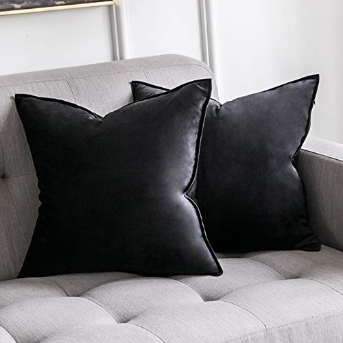 MIULEE Samt Kissenbezug 50x50 Kissen Schwarz Kissenhülle Dekokissen | Sofakissen Dekorative Satin Umwickelte Kante Kissenbezüge Zierkissenbezug für Sofa Wohnzimmer Schlafzimmer 2er Set
