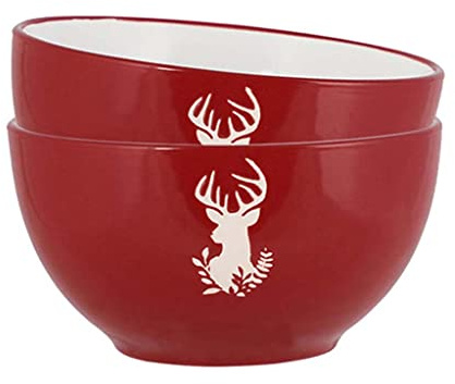 Dibor Set of 2 Red & White Reindeer Tea Coffee Stoneware Breakfast Bowls | Dishwasher Safe, Microwave Safe, Glazed, Red Reindeer, Crockery Set, Dessert Bowls, Set of 2
