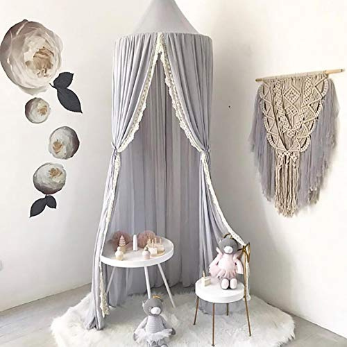 Naturer Baby Betthimmel Baldachin Grau für kinderzimmer mit Spitze Moskitonetz Chiffon Babybett Kinder Mosquito Net Hängende Moskitons Babyzimmer Dekoration