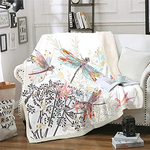 Loussiesd Fleecedecke mit Libellen-Motiv, bedruckt, für Damen und Erwachsene, mit floralem Muster, Plüschdecke, Blätter, Äste, flauschige Decke für Sofa, Bett, Couch, Einzelbett, 127 x 152 cm
