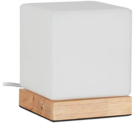 Relaxdays Tischlampe Würfel, E14, Holzfuß & Milchglas, skandinavisches Design, HBT: 15x12x12 cm, Nachttischlampe, weiß