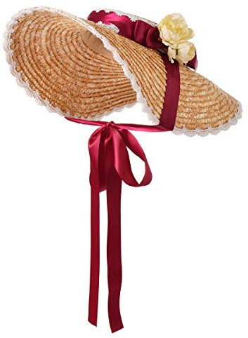 COSDREAMER Sonnenhut für Mädchen und Damen, Lolita-Blumenbänder, Strohhüte, Mehrfarbig (Pink) (weinrot)