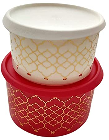 Tupperware Bingo Set (2) 2,0 Liter in Rot und 1,4 Liter in Weiß - beide mit Goldmusster - Kaffee, Zucker, Trockenvorrat, Vorrat, Dose Box Behälter