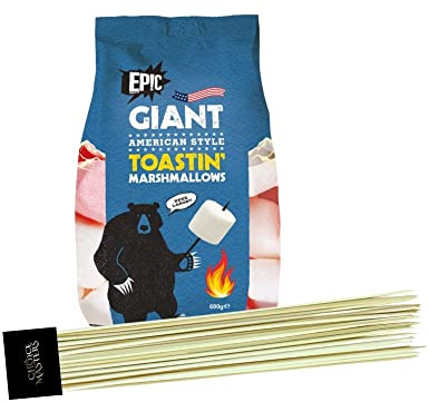 Giant American Marshmallow Toasting Kit - Contains Giant Epic Toasting/Roasting Smores Marshmallows 500g &10inch Bamboo Barbecue Skewers(80)
