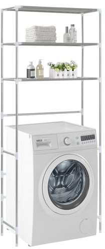 Gecheer Badregal mit 3 Einlegeböden, Waschmaschinenregal mit Regalböden, platzsparendes Regal, Badmöbel, platzsparend, Waschmaschine/Möbelstück auf der Toilette, Silber, 69 x 28 x 169 cm