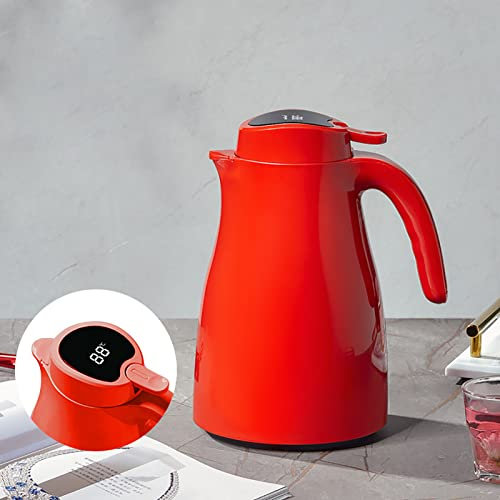 TOMAO Pichet Isotherme, cruche en Carafe Thermique avec Doublure de Verre, Affichage de la température, rétention de la Chaleur 48h, Fond Antidérapant pour La Maison, Le Bureau, L'hôtel(Color:Rouge)