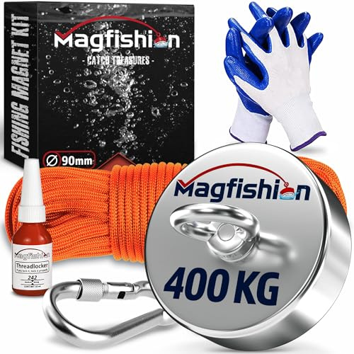 MAGFISHION Magnetfischen Set - 400 KG - Ø90mm - Magnet Fischen Angel | Neodym Magnet mit Seil (20M) & Handschuhe - Ösenmagnet - Fishing Magnetangel - Magnetangeln Set