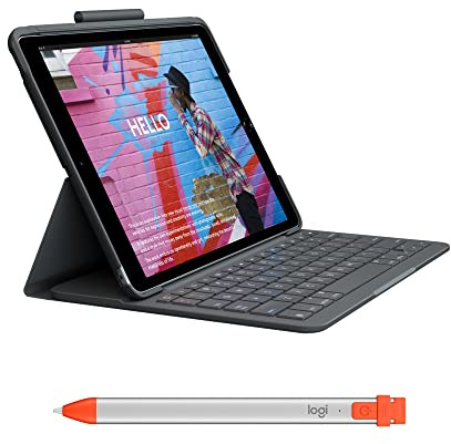Logitech Slim Folio - Étui Clavier pour iPad (7e, 8e et 9e générations) - Crayon pour Tous Les iPad (Versions 2018 et ultérieures) - FRA AZERTY