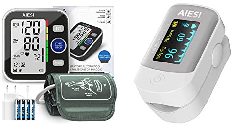 AIESI & reg; Misuratore di pressione sanguigna da braccio professionale digitale automatico per adulti A6 & & reg; Saturimetro da dito professionale certificato Pulsossimetro con display a COLORI