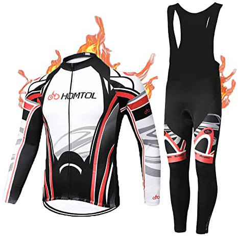 HOMTOL Radtrikot Set Langarm Herren Thermische Fleece Winter Radsportanzüge Fahrradtrikot und Fahrradhose mit Sitzpolster + 9D Gel