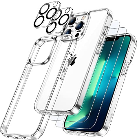 JETech 5-in-1 Hülle für iPhone 13 Pro, Anti-Vergilbung, Durchsichtig | 2 Gehärtete Glas Schutzfolien, 2 Kameraschutz Folien, Stoßfest Handyhülle