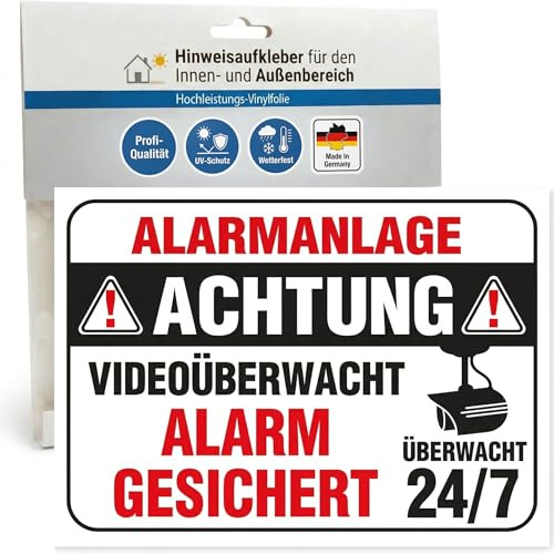 Hinweisaufkleber für den Innen- und Außenbereich (Alarmgesichert Alarmanlage Videoüberwacht 24/7)