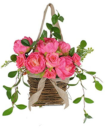 KEEMEN Rose Peony Flower Door Hanging Basket Wreath Artificial Spring and Summer Wreath Farmhouse Door Hanger Pink Basket Wreath for Indoor Outdoor Home Front Door Porch Decor