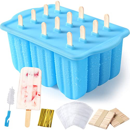 Sinnsally Popsicle Molds Silicone BPA-free,12 Pieces Popsicle Trays for Freezer,Homemade Ice Cream Popsicle Molds,Large Ice Pop Maker Set,Reusable Ice Lolly Mould with 100PCS Popsicle Sticks (Bule)