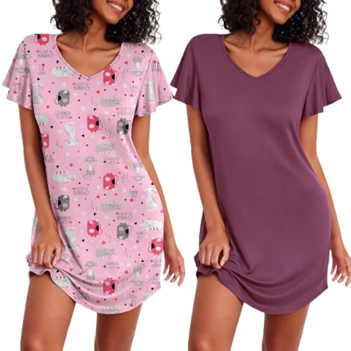 Ekouaer Nattlinne för kvinnor, tvådelad, blommig sovskjorta, kortärmad nattkläder, sovskjorta, sommar, nattklänning, kort, negligéer, 2-pack, Morning kaffe + stjärntryck, M