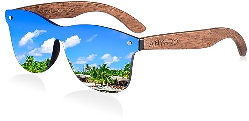 ANYPRO Holz Sonnenbrille Herren Polarisierte Sonnenbrillen Damen Vintage übergroße Sonnen Brille mit Holzbügeln und UV Schutz (Blau)