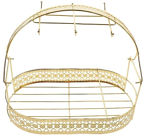 Kichvoe Gold Cup Holder Stand with 6 Hooks Iron Mug Storage Rack | Wire Basket, Flatback Design, Black Finish, Wipe Clean Surface, European Style for Kitchen and Dining Room