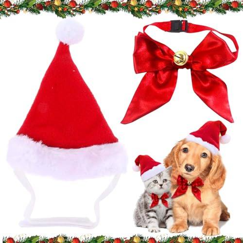 Hundekostüm Weihnachten, Weihnachtsmütze Katze, Weihnachten Hundekostüm Haustier Nikolausmütze, Einstellbare Größe Rot Hut und Krawatte, Weihnachtskostüm Haustier Zubehör für Katzen Hunde