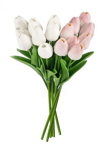MEMOFYND 16 pezzi tulipani artificiali, bouquet di tulipani artificiali, composizioni floreali per matrimonio, decorazione matrimonio (bianco, rosa chiaro)
