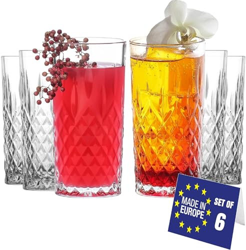 LAV Vasos Highball Crystal Juego de 6, 360ml SIN PLOMO Vasos Altos de Vidrio Vasos de Agua Copa de Coctel, Vasos de Cóctel, Vasos Zumo Tall Glasses Vasos Para Mojitos, Vasos Largos Cristal