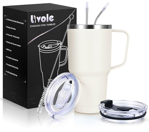 Livole Termosmugg på 30 oz, 900 ml, dubbelväggig termosmugg med sugrör och handtag, rostfritt stål isolerad campingmugg med handtag, kaffemugg to go termo, dryckesmugg för kaffe, cocktail, ullvit
