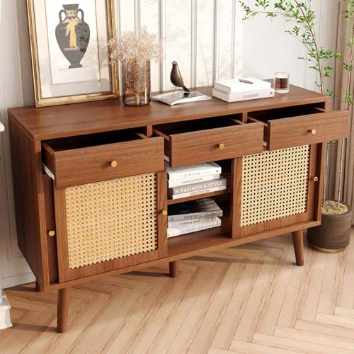 KOMHTOM Buffet Commode avec 3 Tiroirs et 3 Portes Coulissantes Meuble de Rangement en Bois Armoire pour Cuisine, Salon et Bureau, 120x 40x78CM (A-Noyer)
