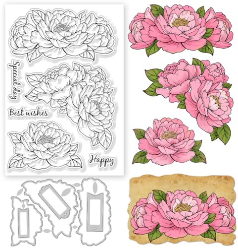 GLOBLELAND Pfingstrosen Blumen Silikonstempel und Stanzformen Set Für Kartenherstellung Pfingstrosen Blume Klare Stempel Und Stanzformen Set Für DIY Craft Scrapbooking Grußkartendekoration