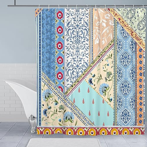 bsheuancek Boho Floral Shower Curtain for Bathroom, Patchwork Bohemian Retro Blue Colorful Flower Shower Curtain with Hooks, Polyester Fabric Shower Curtains Machine Washable Waterproof Bath Decor