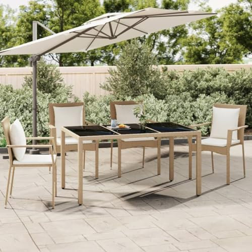 AUVYI Mesa de jardín con tablero de cristal beige de polirratán y cristal templado, 150 x 90 x 75 cm, mesa de balcón, mesa pequeña de sofá, salón, comedor, café, camping, mesa auxiliar para exteriores