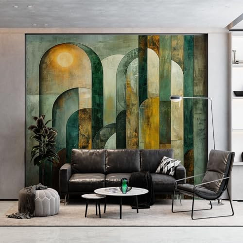 Papier Peint Panoramique Grain De Bois Géométrique Rétro Poster Mural, 350 x 256 cm (WxH) Peinture Murale pour Salon, Chambre, Chambre d'enfants, Restaurant Vert Décoration Murale
