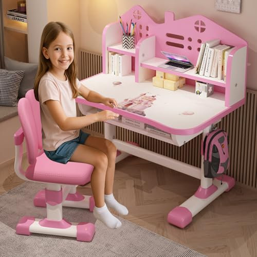 Barnskrivbords- och stolset, höjdjusterbart studieskrivbord med bokstativ och låda, arbetsbord för hem, skola, pojkar och flickor, rosa (rosa 5)