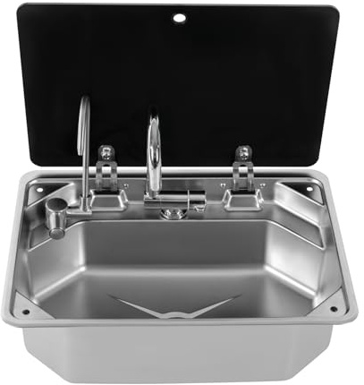 RV Sink with Faucet and Tempered Glass Lid Stainless Steel Kitchen Sink Single Bowl RV Caravan or Boat Hand Wash Basin Sink,19.7x14.9x6.6in,Under-counter Mount (Silver)