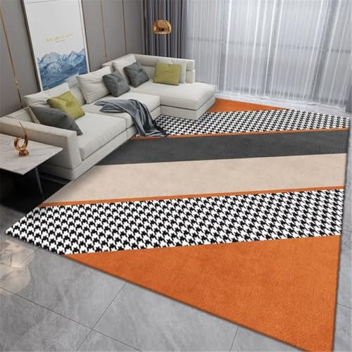 RUGMRZ Gleitschutz Teppich Webteppich orange grau geometrische Linien dekorative Rechtecke pflegeleicht Waschbarer Teppich Wohnzimmer 90X150CM
