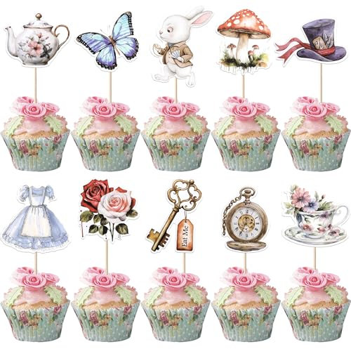 Rsstarxi Paquete de 40 adornos para cupcakes con temática del país de las maravillas con llave, conejo, mariposa, Alicia, niña, cupcakes, sombrerero, flores, decoración de fiesta de té, para baby