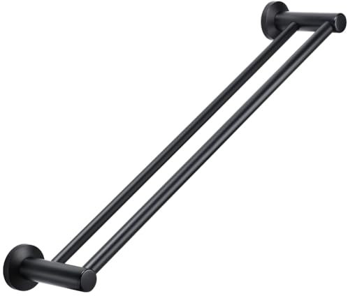 Towel Rails 600mm/ 24 inch Matte Black, Screw Wall Mounted Double layer Rod Towel Bar or Rack Round in Bathroom or Kitchen B38913K-60CM