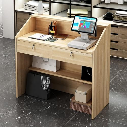 Moderner Empfangstresen mit abschließbarer Schublade für Salon, Bekleidungsgeschäft, Rezeptionstheke mit offenem Regal (Original-Holzmaserung, 80 x 38 x 92 cm)