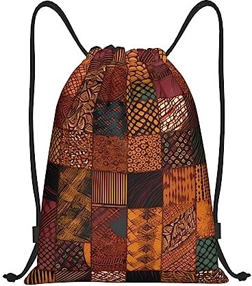 FHEDVBN Rucksack mit Kordelzug, afrikanischer Stil, Patchwork, für Damen und Herren, wasserdicht, Turnbeutel, Schwarz, Medium, Reiserucksäcke