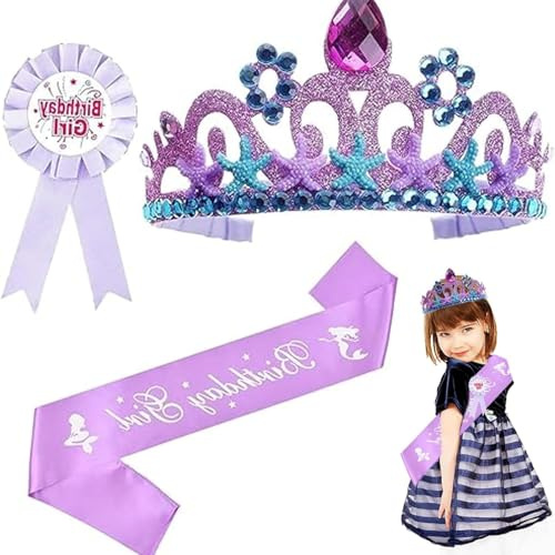 HUAEDNWKYI Corona di Compleanno per Bambina – Set 3 Pezzi con Coroncina, Fascia e Spilla Principessa – Tema Sirena – Accessori per Festa – Viola