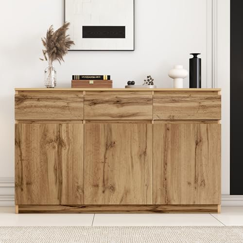 YuQozii Aparador multifuncional con aspecto de madera original con 3 puertas y 3 cajones, amplio armario de cocina, 135 x 40 x 81 cm