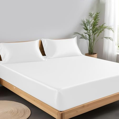 LINENWALAS Spannbettlaken aus 100% Tencel Lyocell 120 x 200 cm, Weiches, Kühlendes Seiden Bettlaken mit bis zu 40 cm Tiefen Taschen, Anti Allergische Eukalyptus Bettwäsche (120x200 cm, Weiß)