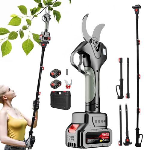 CHHMAELOVE Tijeras de podar a batería de 980 W, 2 x 21 V, 4500 mAh, con pértiga Extensible, Pantalla LCD, Motor sin escobillas, 2 Cuchillas SK5, para árboles y Ramas de jardín.