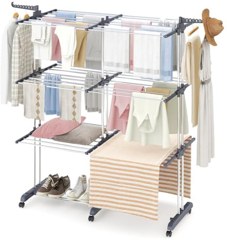 YORKING 4 Tier Clothes Drying Rack, Indoor Folding Clothes Airer Large Drying Space Laundry Rack Hanger With Casters, Tall Clothes Dryer Folds Flat For Easy Storage (Large)