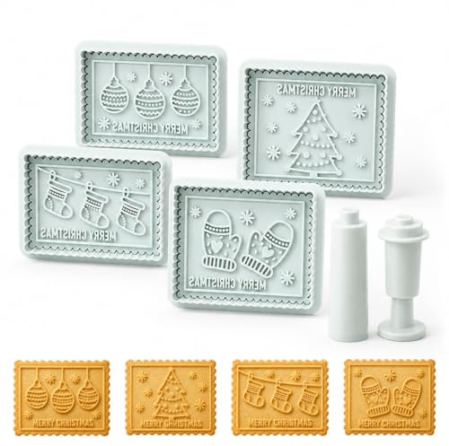 4-teiliges 3D Merry-Christmas-Keksstempel-Set aus Kunststoff | Prägestempel mit englischem Merry-Christmas-Schriftzug für Plätzchen, Fondant und festliches Partygebäck