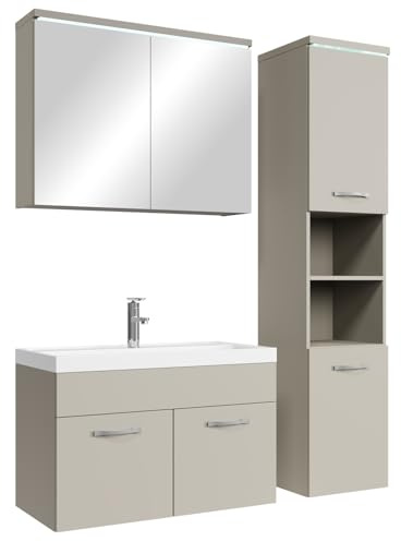 Badplaats Badmöbel Komplettset Paso LED 80 x 40 cm Cashmere - Badezimmermöbel mit Waschbecken, Spiegelschrank und Badezimmerschrank