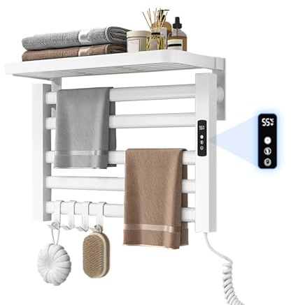 Handtuchheizkörper Elektrisch Klein mit Regal, 80W Handtuchtrockner Heizkörper, Bad Heizkörper Elektrischer, 30-70℃ einstellbare Temperatur, 55x40cm Handtuch Heizkörper, 1-24H Zeitmessung (Weiß)