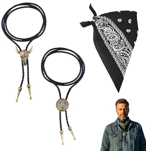 3 Pcs Western Bolo Tie Necklace, 2 Piece Western Bolo Tie Necklace and 1 Piece Cowboy Bandana, Wild West Themed Jewelry for Men and Women, Country Style Costume Party Outfit